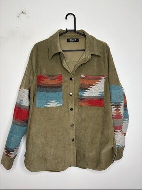 Blue B jacket Womens Medium Corduroy Southwestern Print Button Up Oversized